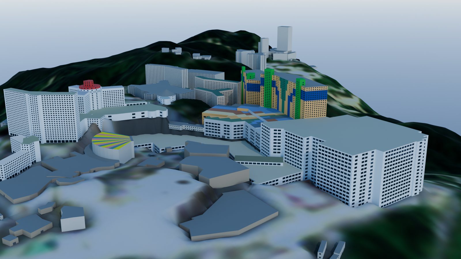 Oblique view of the resort core with the multicoloured First World towers and the Arena of Stars roof