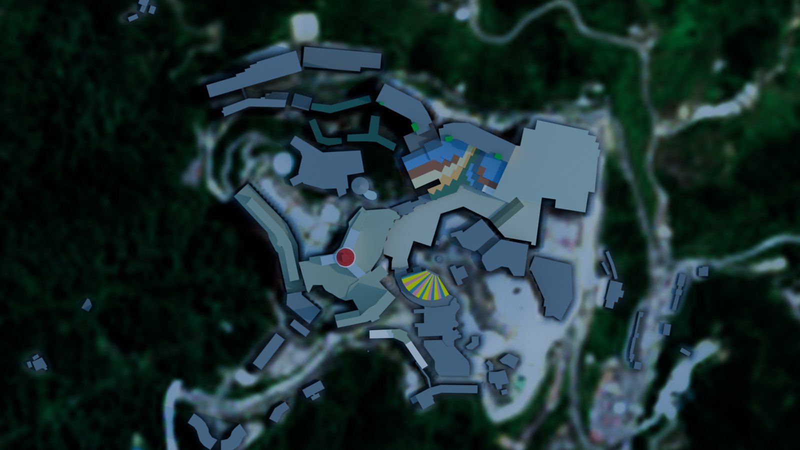 Top-down plan of the resort core on the Sentinel-2 drape
