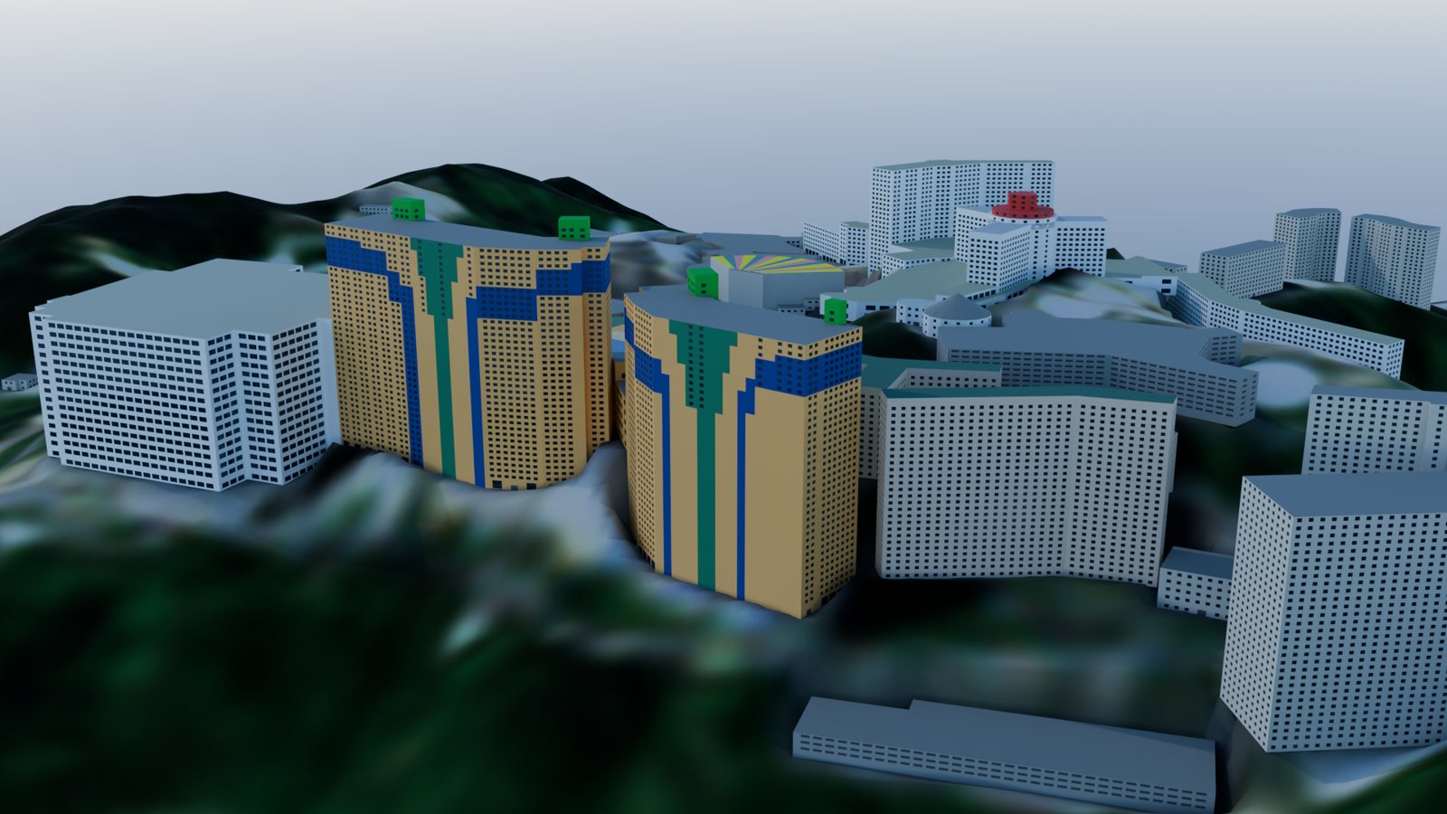 View from the north toward SkyWorlds and the hotels